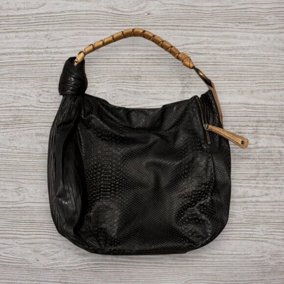 H by Halston Heritage Embossed Leather Pleated Hobo Shoulder Bag Black Tan Purse - Picture 4 of 16